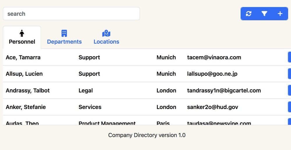 A screenshot of my company directory project website.